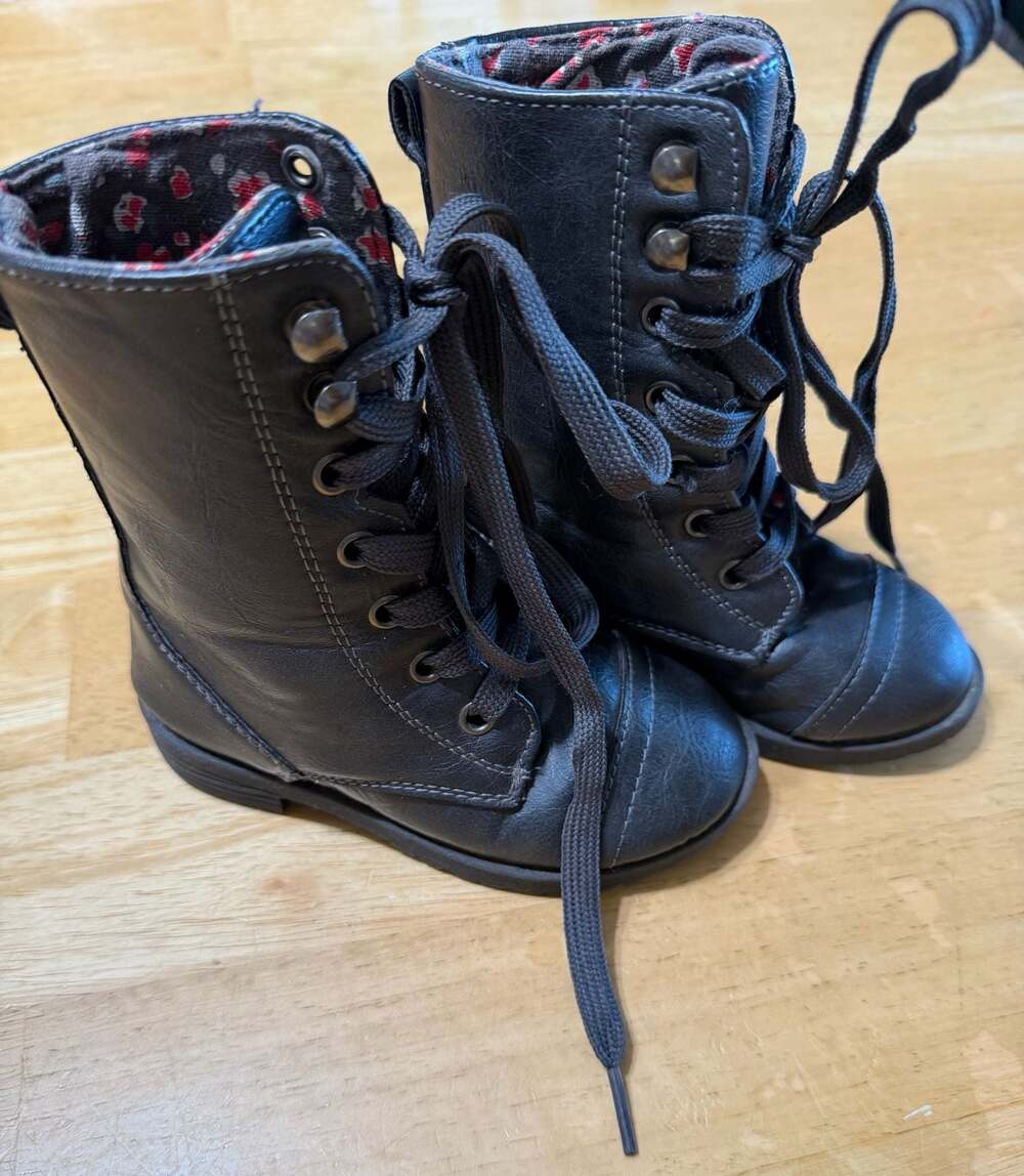 Kids Black Floral Lined Lace Up Combat Boots